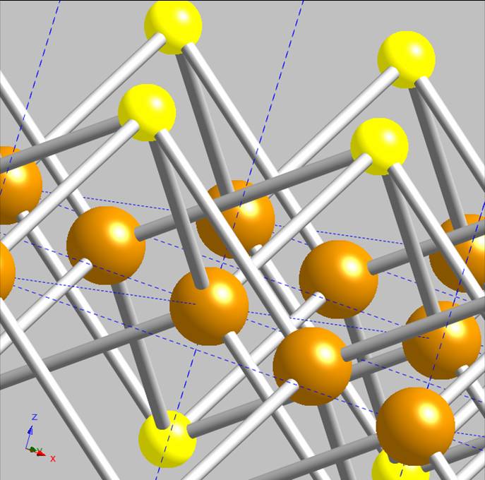 Figure 3 - Coordination environments of iron (brown) and sulfur (yellow) in the mackinawite structure